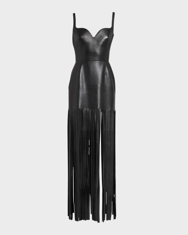 Sculpted Bust Leather Mini Dress with Fringe Trim